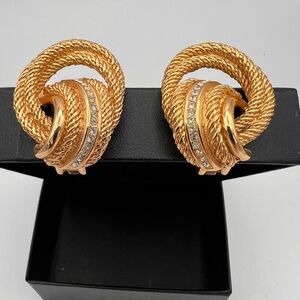 Dior Gold Tone Knotted Hoop Clip Earrings with Clear Crystals